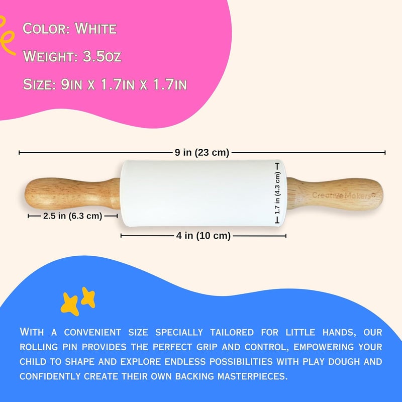 Creative Makers Small Rolling Pin for Kids, Non-Stick Silicone Surface with Wooden Handles for Play Dough and Baking Rolling Pin (9in, White) - Image 3